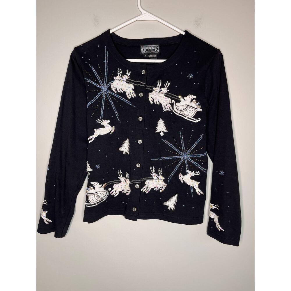1990s Berek Glam Christmas Sequin Beads Winter Santa Reindeer Scenic Cardigan S